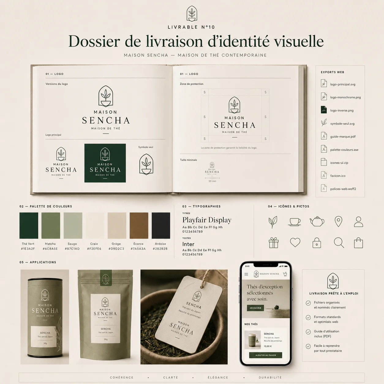 Livrables d'identité visuelle organisés pour le web et l'impression