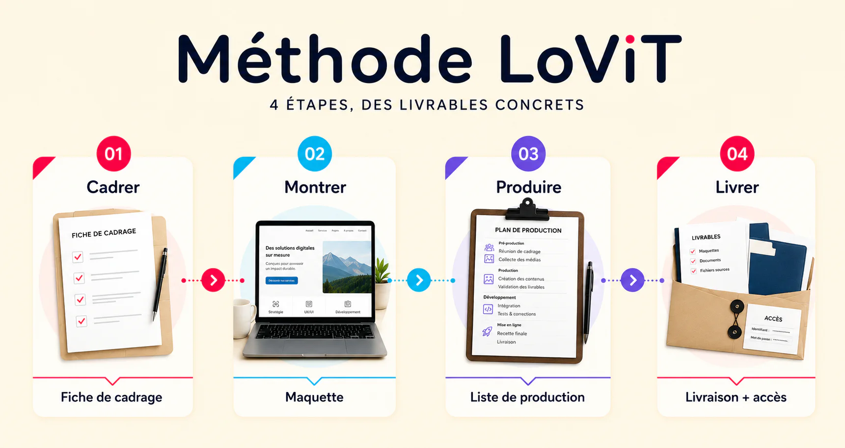 Étapes de la méthode LoViT depuis le cadrage jusqu'à la livraison
