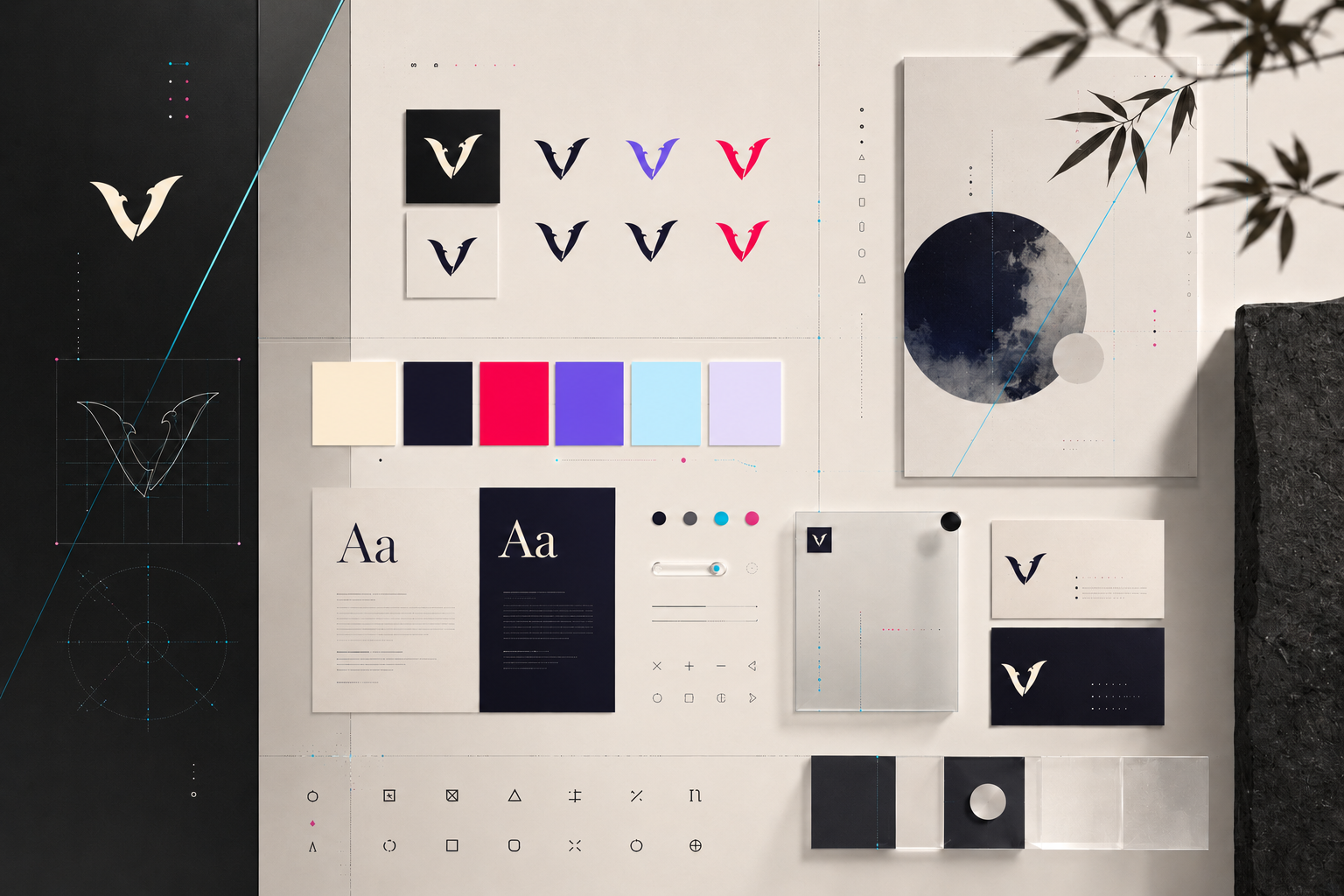 Planche d'identite visuelle avec logo, couleurs et supports de marque